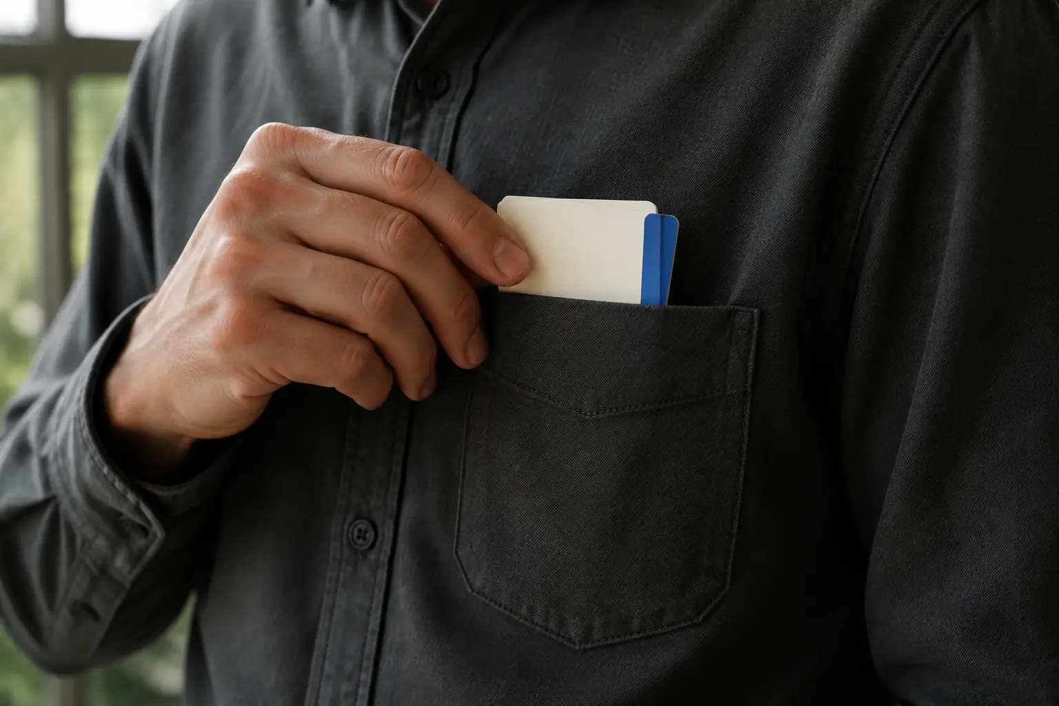 Small stack of real blank cards with a cobalt edge being placed into a dark shirt pocket